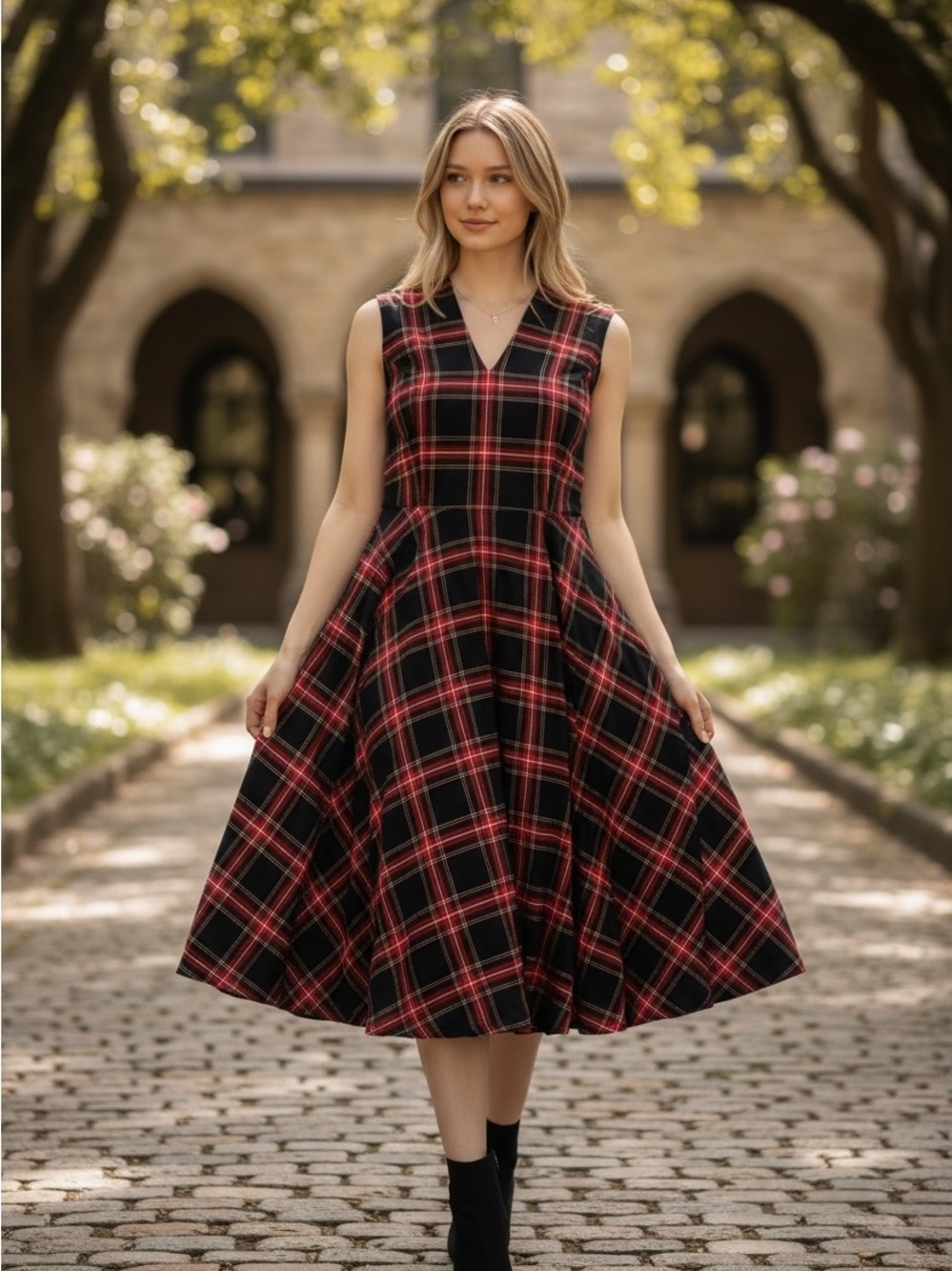 Tommy Hilfiger Size L Sleeveless Red & Black Plaid Fit-and-Flare Dress
